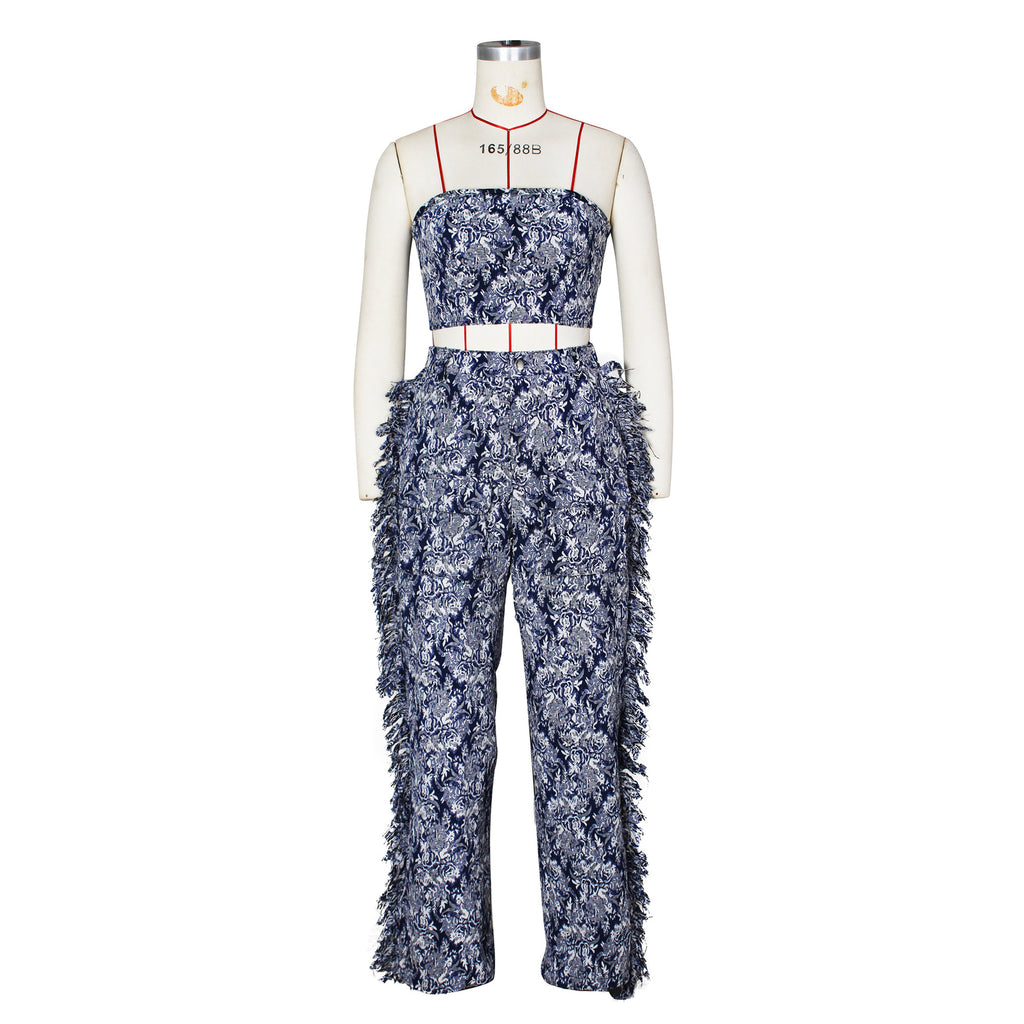 CM.YAYA Fashion Print Women's Set Strapless Top and Wide Leg tassel Pants Summer Cargo Street Two 2 Piece Set Outfit Tracksuit