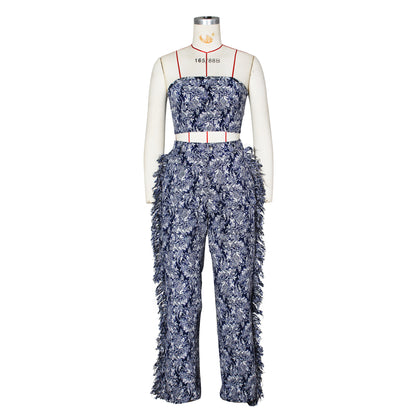 CM.YAYA Fashion Print Women's Set Strapless Top and Wide Leg tassel Pants Summer Cargo Street Two 2 Piece Set Outfit Tracksuit