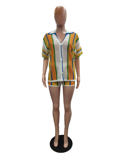 CM.YAYA Women's Set Striped Knitted Short Sleeve Button Shirt and Shorts  Summer Two 2 Piece Set Outfit Ribbed Tracksuit