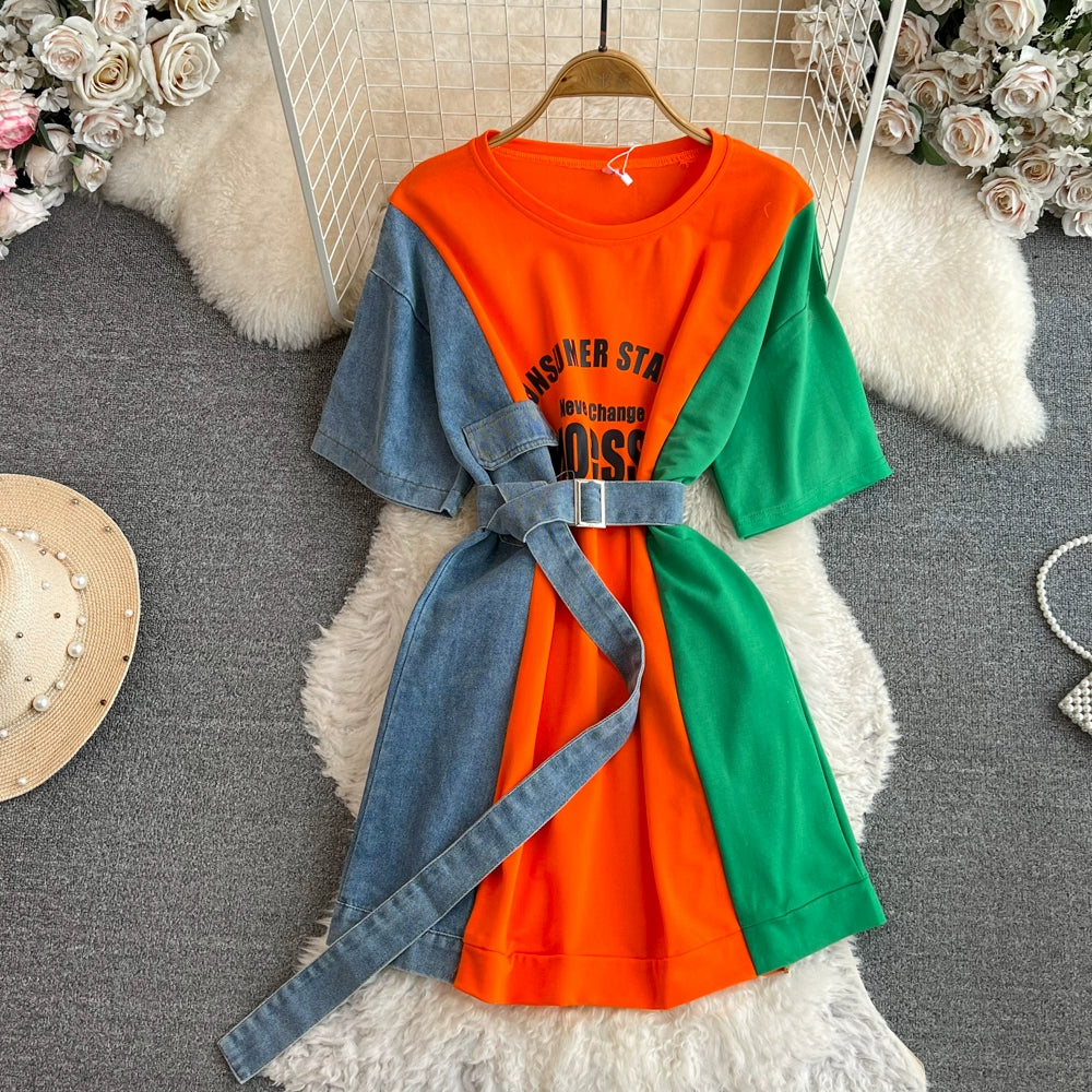 Elegant Summer Women Patchwork Denim Shirts Vintage Casual Slim Blouses Tops with Belted Female Fashion Pullover Clothes New