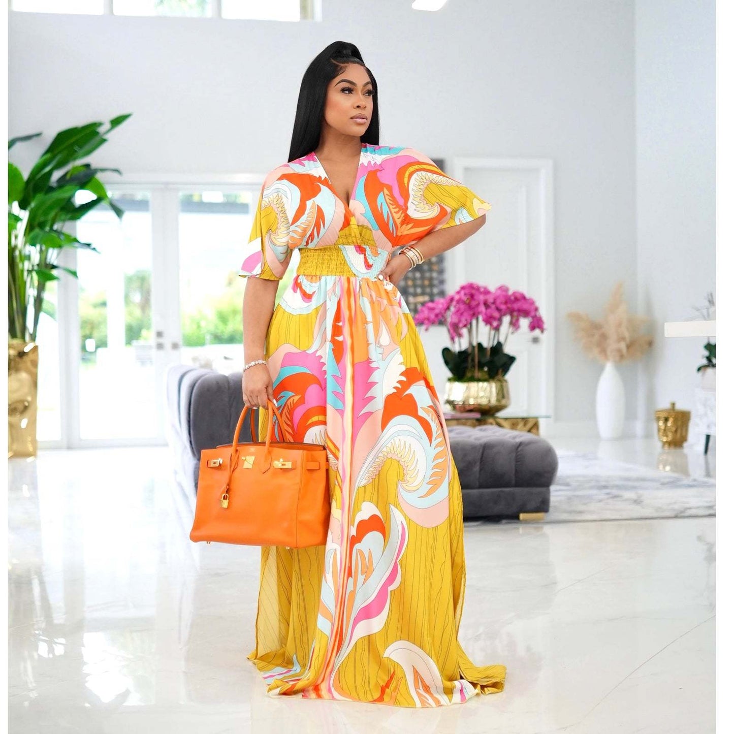 CM.YAYA Elegant Women Paisley Half Sleeve V-neck High Waist Tunic Big Swing Maxi Dress 2022 Summer Chic Sexy Party Long Dresses