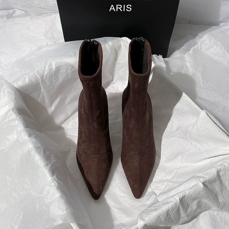 Brown Ankle Boots Women's High Heel  Autumn and Winter New French Joker Stiletto Heel Stretch Boots Suede Pointed Toe Skinny Boots