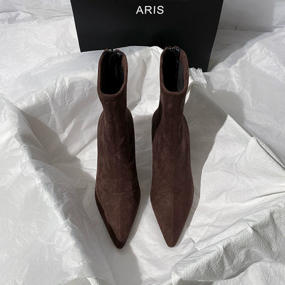 Brown Ankle Boots Women's High Heel  Autumn and Winter New French Joker Stiletto Heel Stretch Boots Suede Pointed Toe Skinny Boots