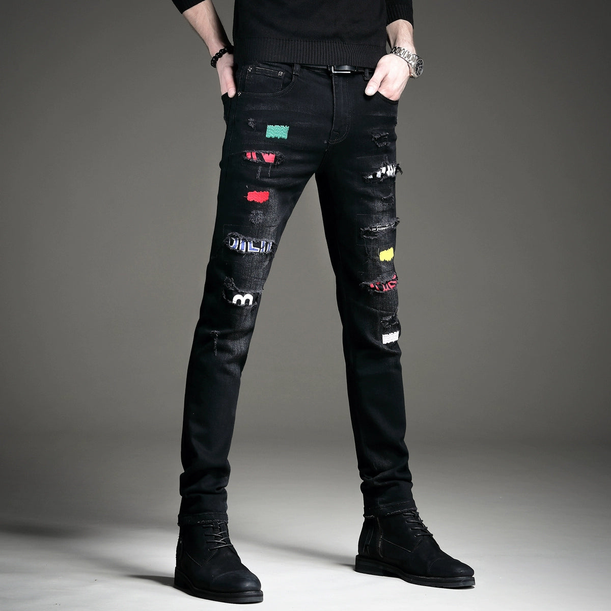 Men's Black Slim-Fit Ripped Jeans for Summer