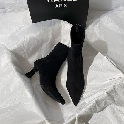 Brown Ankle Boots Women's High Heel  Autumn and Winter New French Joker Stiletto Heel Stretch Boots Suede Pointed Toe Skinny Boots