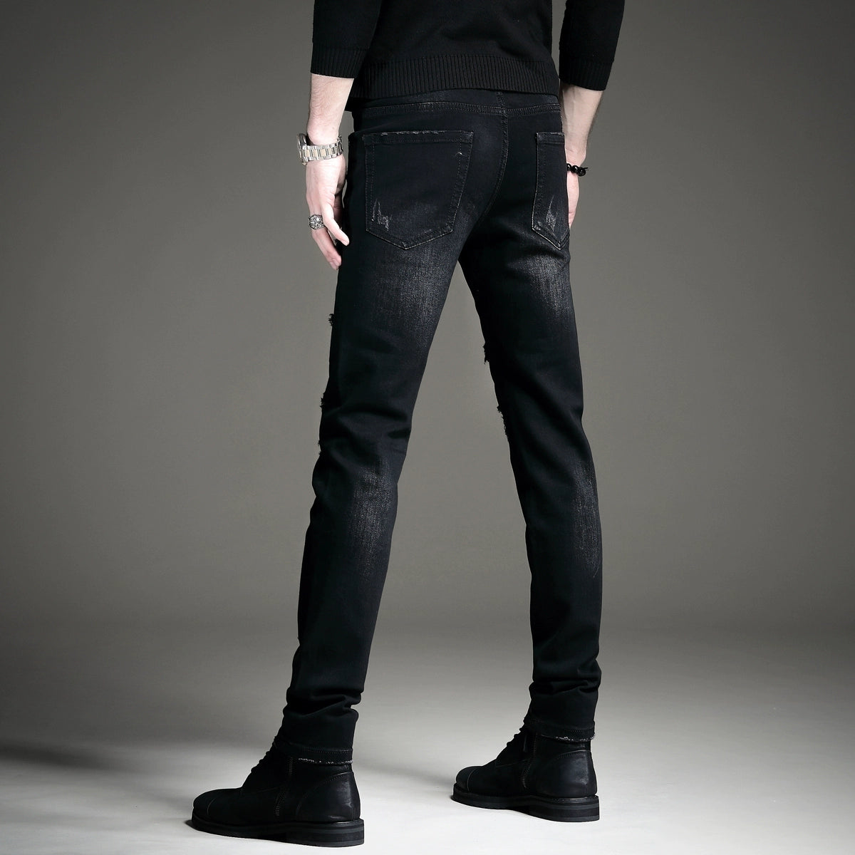 Men's Black Slim-Fit Ripped Jeans for Summer