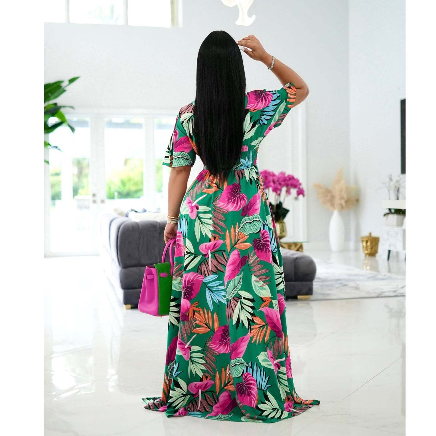 CM.YAYA Elegant Women Paisley Half Sleeve V-neck High Waist Tunic Big Swing Maxi Dress 2022 Summer Chic Sexy Party Long Dresses