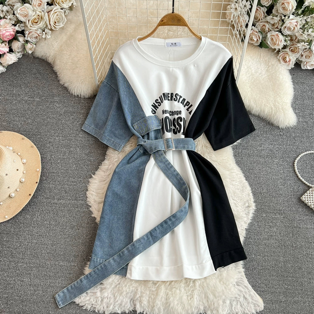 Elegant Summer Women Patchwork Denim Shirts Vintage Casual Slim Blouses Tops with Belted Female Fashion Pullover Clothes New