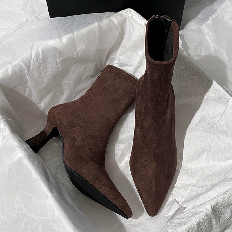 Brown Ankle Boots Women's High Heel  Autumn and Winter New French Joker Stiletto Heel Stretch Boots Suede Pointed Toe Skinny Boots