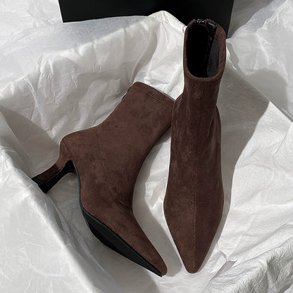 Brown Ankle Boots Women's High Heel  Autumn and Winter New French Joker Stiletto Heel Stretch Boots Suede Pointed Toe Skinny Boots