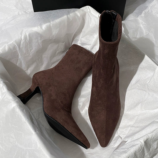 Brown Ankle Boots Women's High Heel 2023 Autumn and Winter New French Joker Stiletto Heel Stretch Boots Suede Pointed Toe Skinny Boots