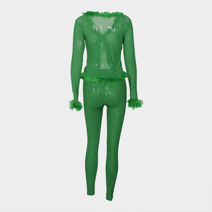 CM.YAYA Fashion Mesh See Though Women's Set Feather Side Long Sleeve Crop Top and Legging Pants  Sexy Two 2Piece Sets Outfit