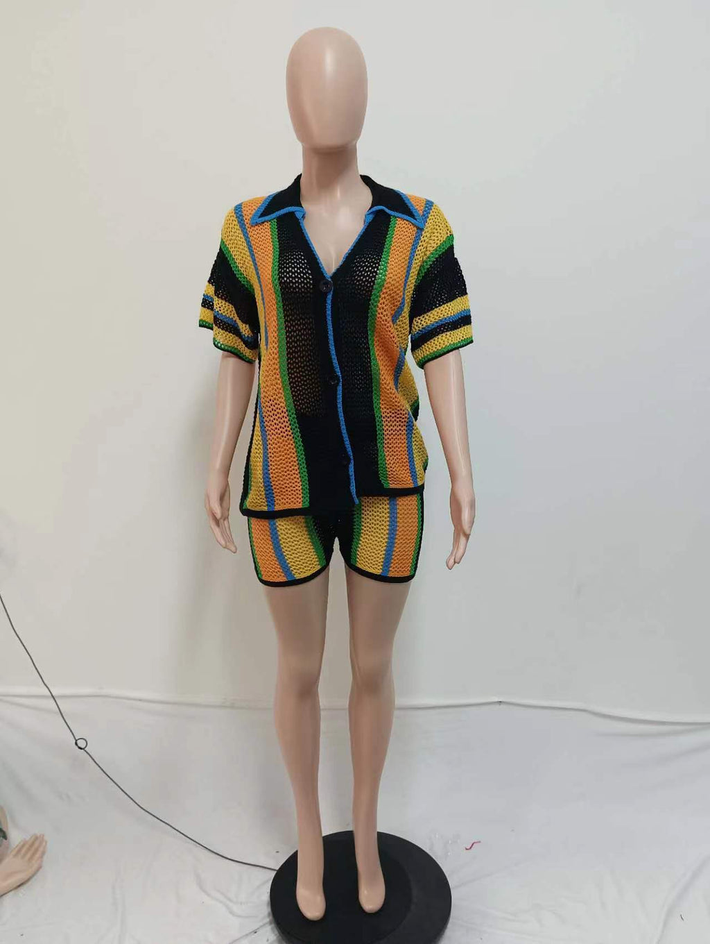 CM.YAYA Women's Set Striped Knitted Short Sleeve Button Shirt and Shorts  Summer Two 2 Piece Set Outfit Ribbed Tracksuit