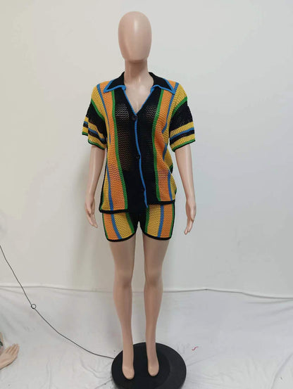 CM.YAYA Women's Set Striped Knitted Short Sleeve Button Shirt and Shorts  Summer Two 2 Piece Set Outfit Ribbed Tracksuit