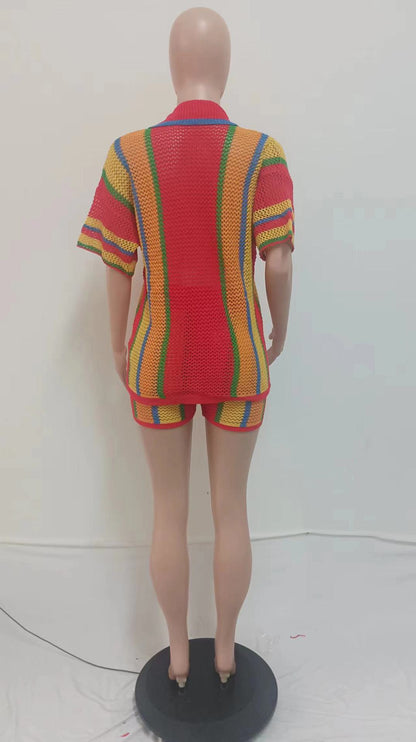 CM.YAYA Women's Set Striped Knitted Short Sleeve Button Shirt and Shorts  Summer Two 2 Piece Set Outfit Ribbed Tracksuit