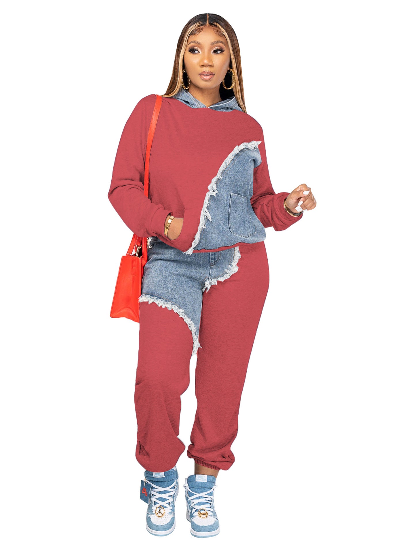 Women Two Piece Sets Tracksuit Autumn Jeans Splicing Hooded Top Sweatshirts Pocket Jogger Pants Suit Loose Female Office Lady