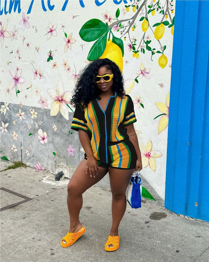 CM.YAYA Women's Set Striped Knitted Short Sleeve Button Shirt and Shorts  Summer Two 2 Piece Set Outfit Ribbed Tracksuit
