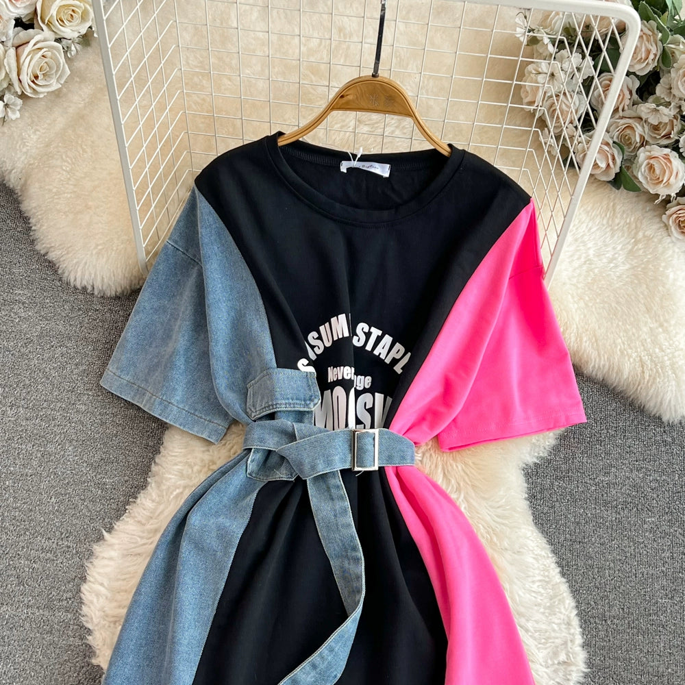 Elegant Summer Women Patchwork Denim Shirts Vintage Casual Slim Blouses Tops with Belted Female Fashion Pullover Clothes New