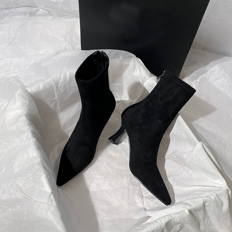 Brown Ankle Boots Women's High Heel  Autumn and Winter New French Joker Stiletto Heel Stretch Boots Suede Pointed Toe Skinny Boots