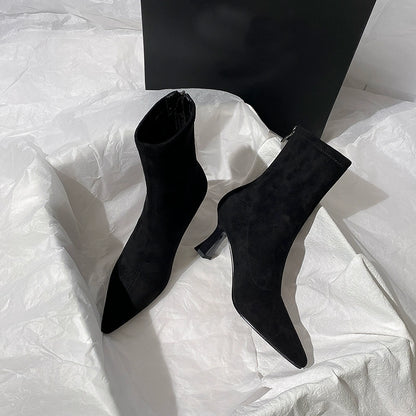 Brown Ankle Boots Women's High Heel  Autumn and Winter New French Joker Stiletto Heel Stretch Boots Suede Pointed Toe Skinny Boots
