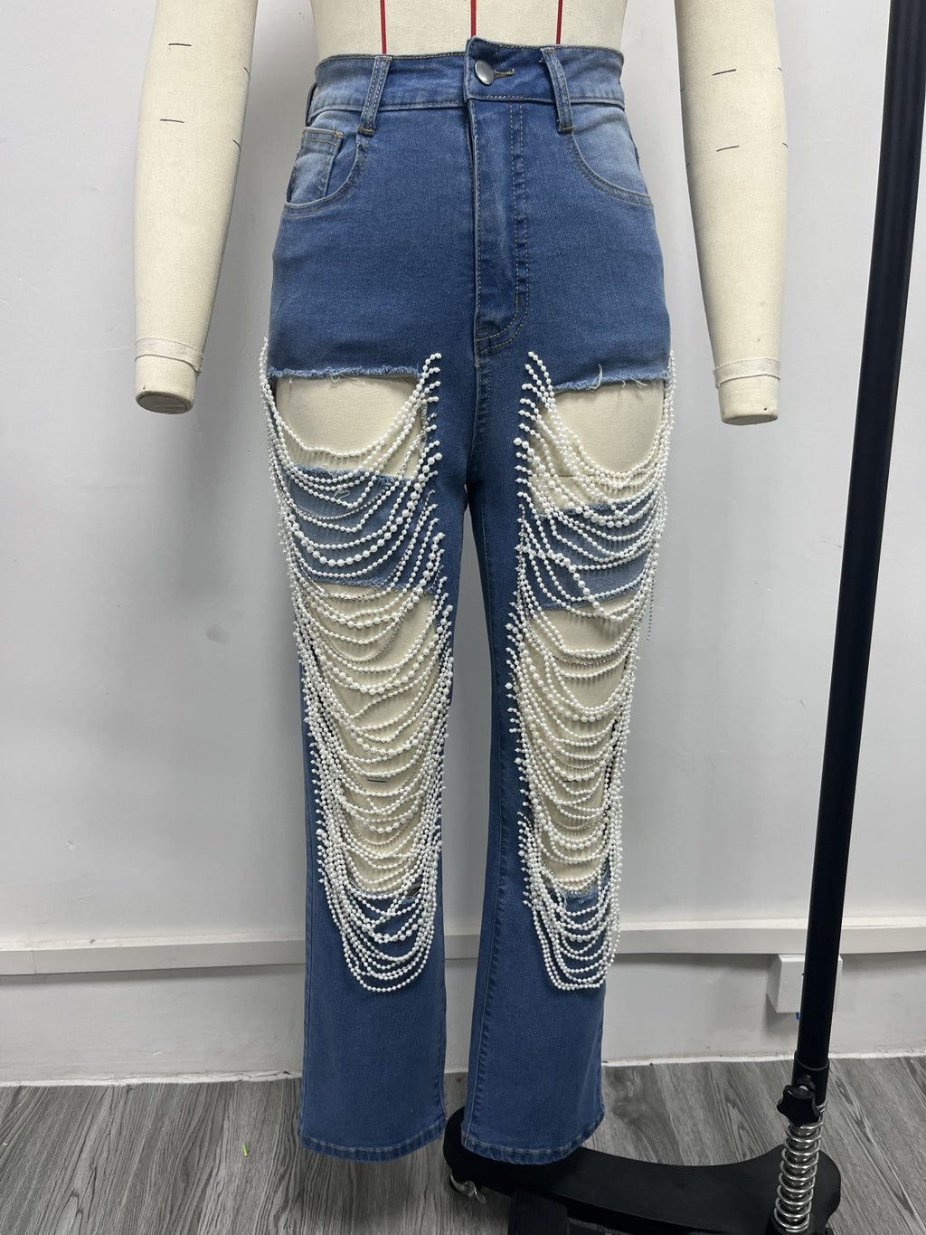 CM.YAYA Women Fashion Pearl Beading Ripped Hollow Out Tassel Wide Leg Jeans  New Summer INS Street Denim Pants Trousers