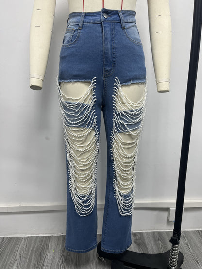 CM.YAYA Women Fashion Pearl Beading Ripped Hollow Out Tassel Wide Leg Jeans  New Summer INS Street Denim Pants Trousers