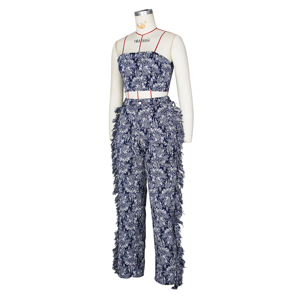 CM.YAYA Fashion Print Women's Set Strapless Top and Wide Leg tassel Pants Summer Cargo Street Two 2 Piece Set Outfit Tracksuit