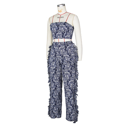 CM.YAYA Fashion Print Women's Set Strapless Top and Wide Leg tassel Pants Summer Cargo Street Two 2 Piece Set Outfit Tracksuit