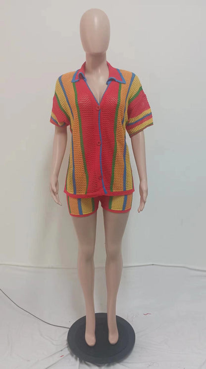 CM.YAYA Women's Set Striped Knitted Short Sleeve Button Shirt and Shorts  Summer Two 2 Piece Set Outfit Ribbed Tracksuit