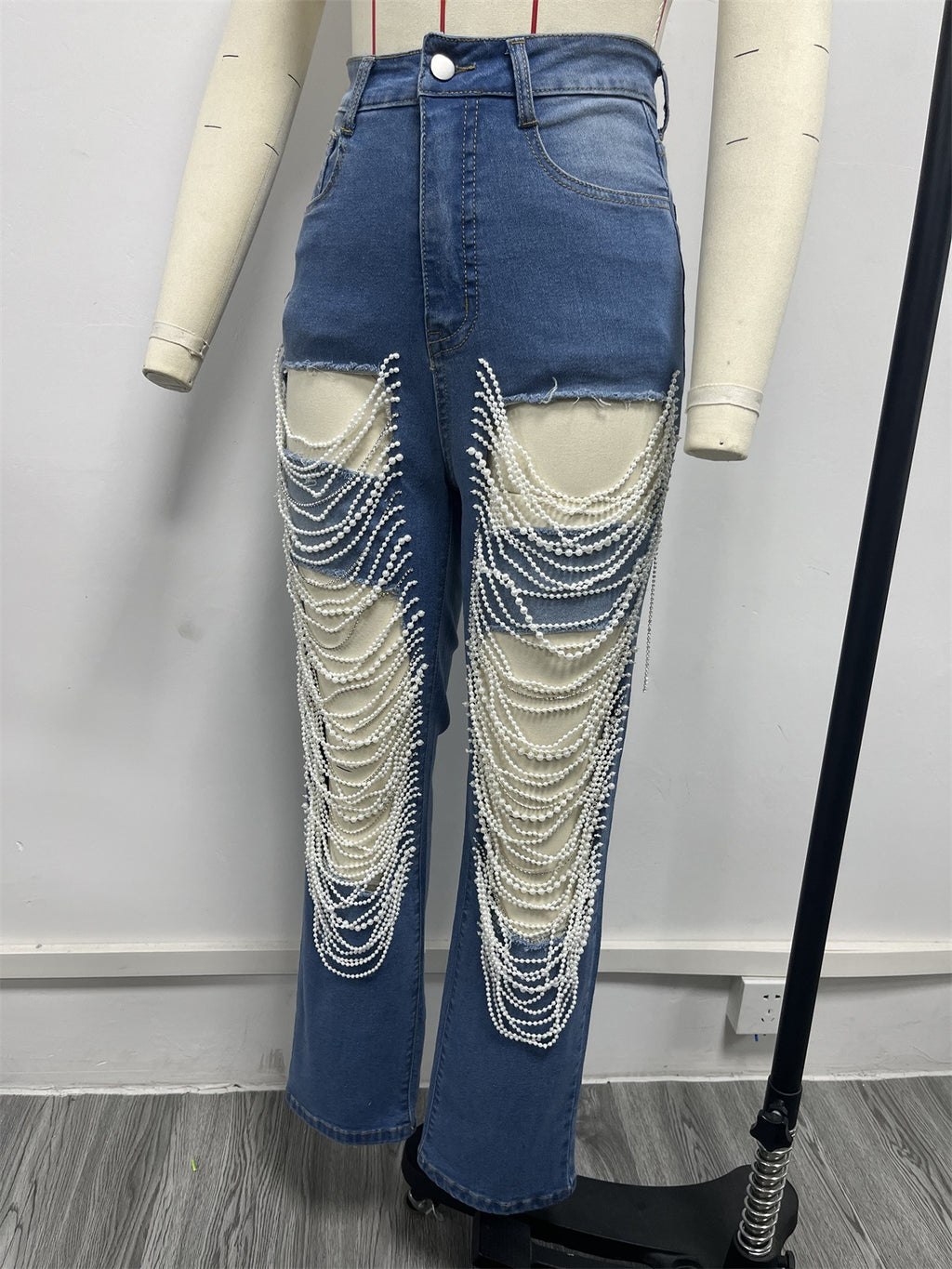 CM.YAYA Women Fashion Pearl Beading Ripped Hollow Out Tassel Wide Leg Jeans  New Summer INS Street Denim Pants Trousers