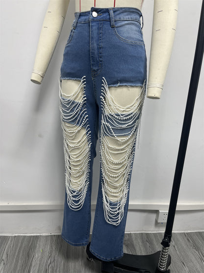 CM.YAYA Women Fashion Pearl Beading Ripped Hollow Out Tassel Wide Leg Jeans  New Summer INS Street Denim Pants Trousers
