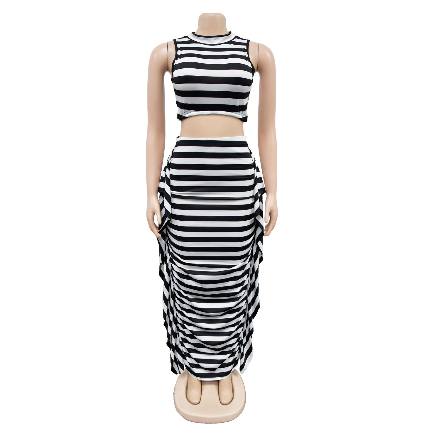 CM.YAYA Women Striped Printed Ruffles Side Bodycon Midi Maxi Skirts Set and Tie Up Back Tank Top 2023 Two 2 Piece Set Outfits