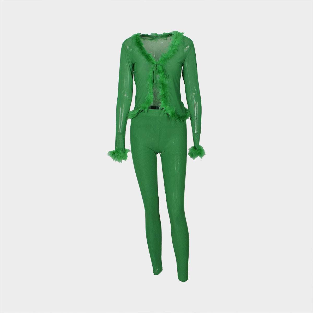 CM.YAYA Fashion Mesh See Though Women's Set Feather Side Long Sleeve Crop Top and Legging Pants  Sexy Two 2Piece Sets Outfit