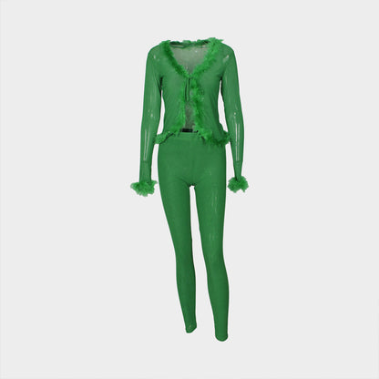 CM.YAYA Fashion Mesh See Though Women's Set Feather Side Long Sleeve Crop Top and Legging Pants  Sexy Two 2Piece Sets Outfit