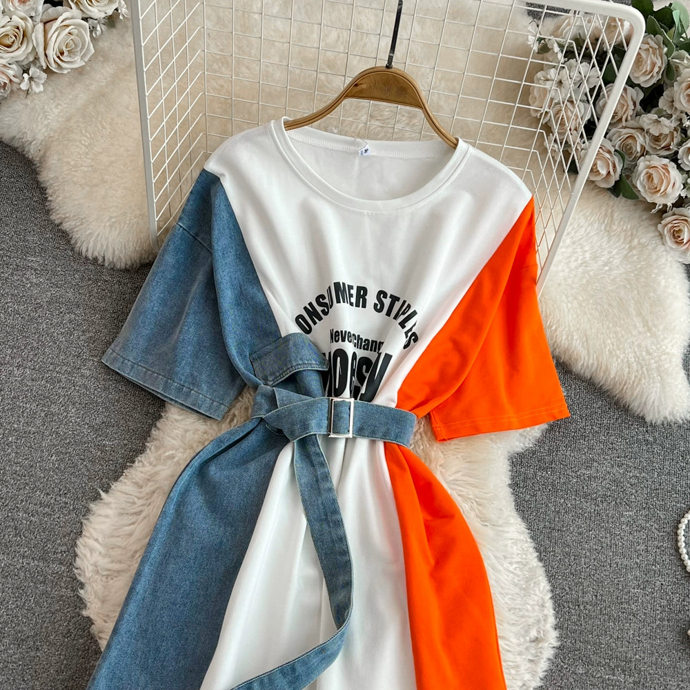 Elegant Summer Women Patchwork Denim Shirts Vintage Casual Slim Blouses Tops with Belted Female Fashion Pullover Clothes New