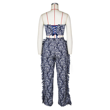 CM.YAYA Fashion Print Women's Set Strapless Top and Wide Leg tassel Pants Summer Cargo Street Two 2 Piece Set Outfit Tracksuit