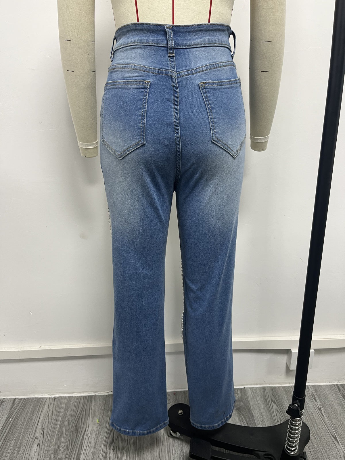 CM.YAYA Women Fashion Pearl Beading Ripped Hollow Out Tassel Wide Leg Jeans  New Summer INS Street Denim Pants Trousers