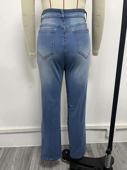 CM.YAYA Women Fashion Pearl Beading Ripped Hollow Out Tassel Wide Leg Jeans  New Summer INS Street Denim Pants Trousers