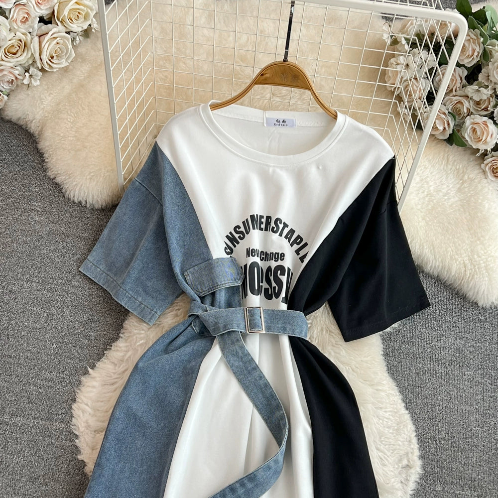 Elegant Summer Women Patchwork Denim Shirts Vintage Casual Slim Blouses Tops with Belted Female Fashion Pullover Clothes New