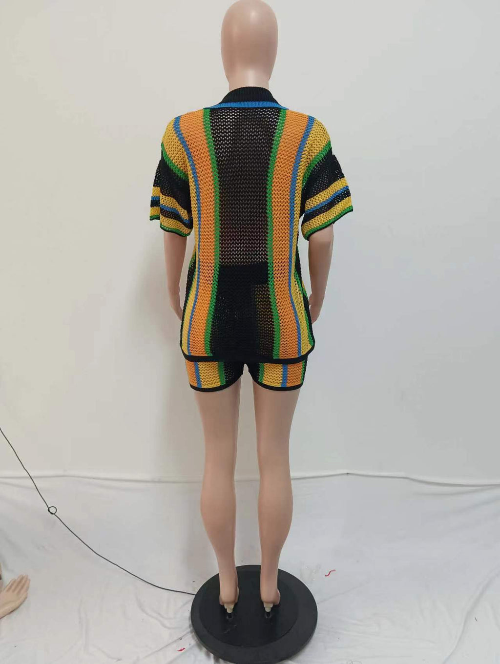 CM.YAYA Women's Set Striped Knitted Short Sleeve Button Shirt and Shorts  Summer Two 2 Piece Set Outfit Ribbed Tracksuit