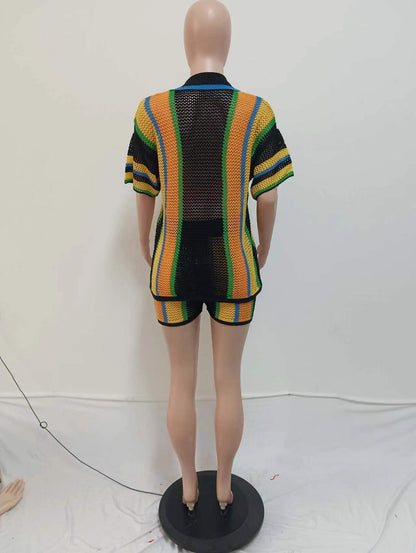 CM.YAYA Women's Set Striped Knitted Short Sleeve Button Shirt and Shorts  Summer Two 2 Piece Set Outfit Ribbed Tracksuit