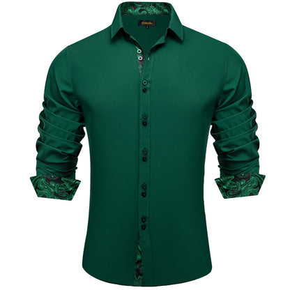 Men's Casual Long Sleeve Shirt with Inner Paisley Contrast Pattern Elegant Turn Down Collar Dress Shirt for Business Date Tops