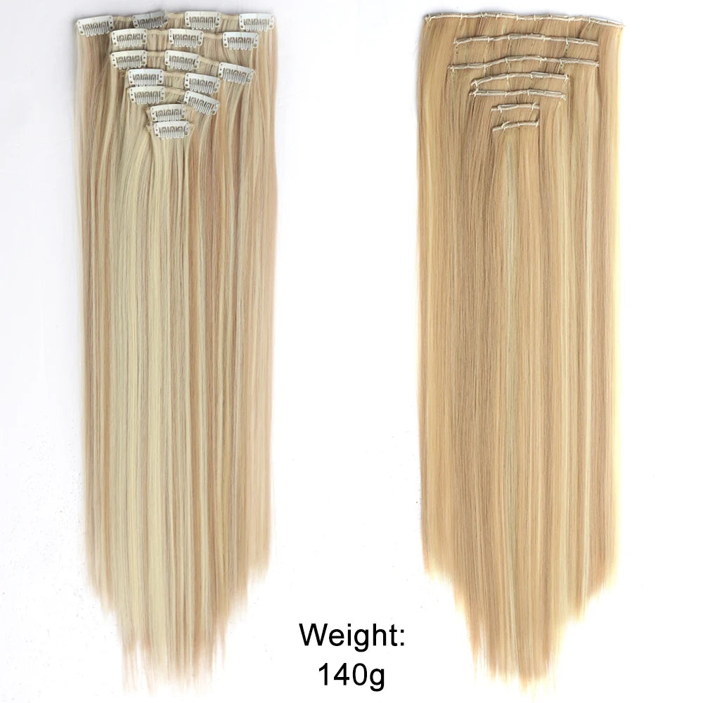 7Pcs/Set 16 Clips Hair Extension Black Long Straight Natural Hair Ombre Hairpiece Heat Resistant Fiber for Women Hairstyle
