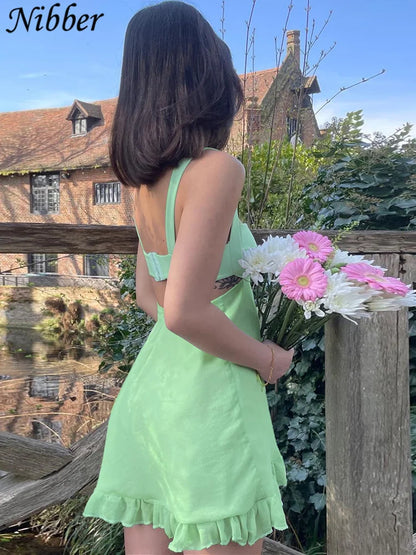 Nibber Vestidos Elegantes Para Mujer Solid Color Cutout Slim Sling Dress Sexy Backless Ruffle Dress Female
