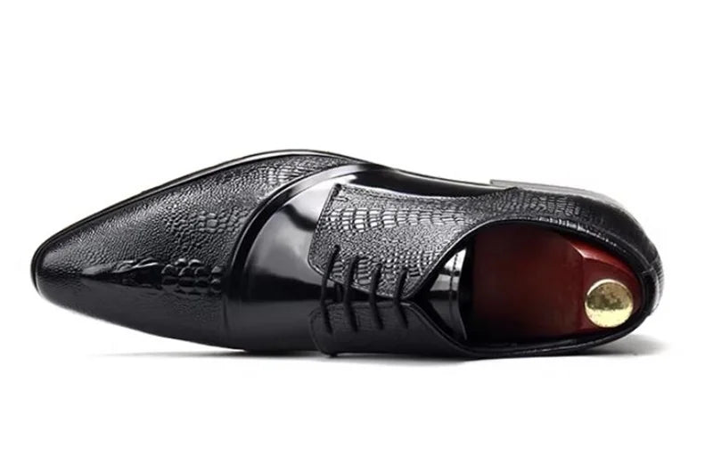 Elegante Herren-Lederschuhe, spitze Zehenpartie, Schnürung, Krokodilmusterprägung, Echtleder, formelle Schuhe, Hochzeitsschuhe, Gesellschaftsschuhe