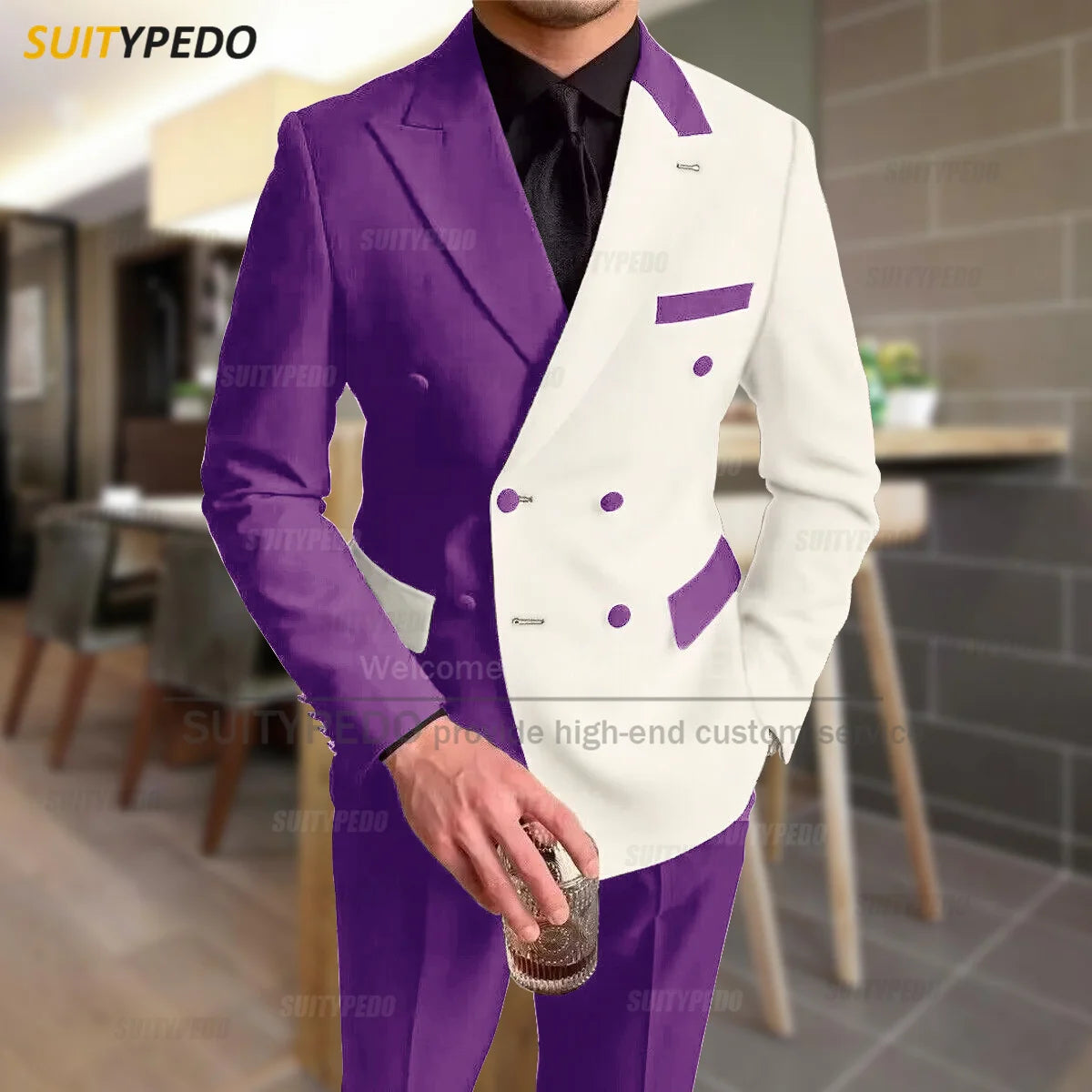 Fashion Black Ivory Splicing Men Suit Casual Party Classic Double Breasted Jacket Evening Dinner Elegant Blazer Pants Outfits