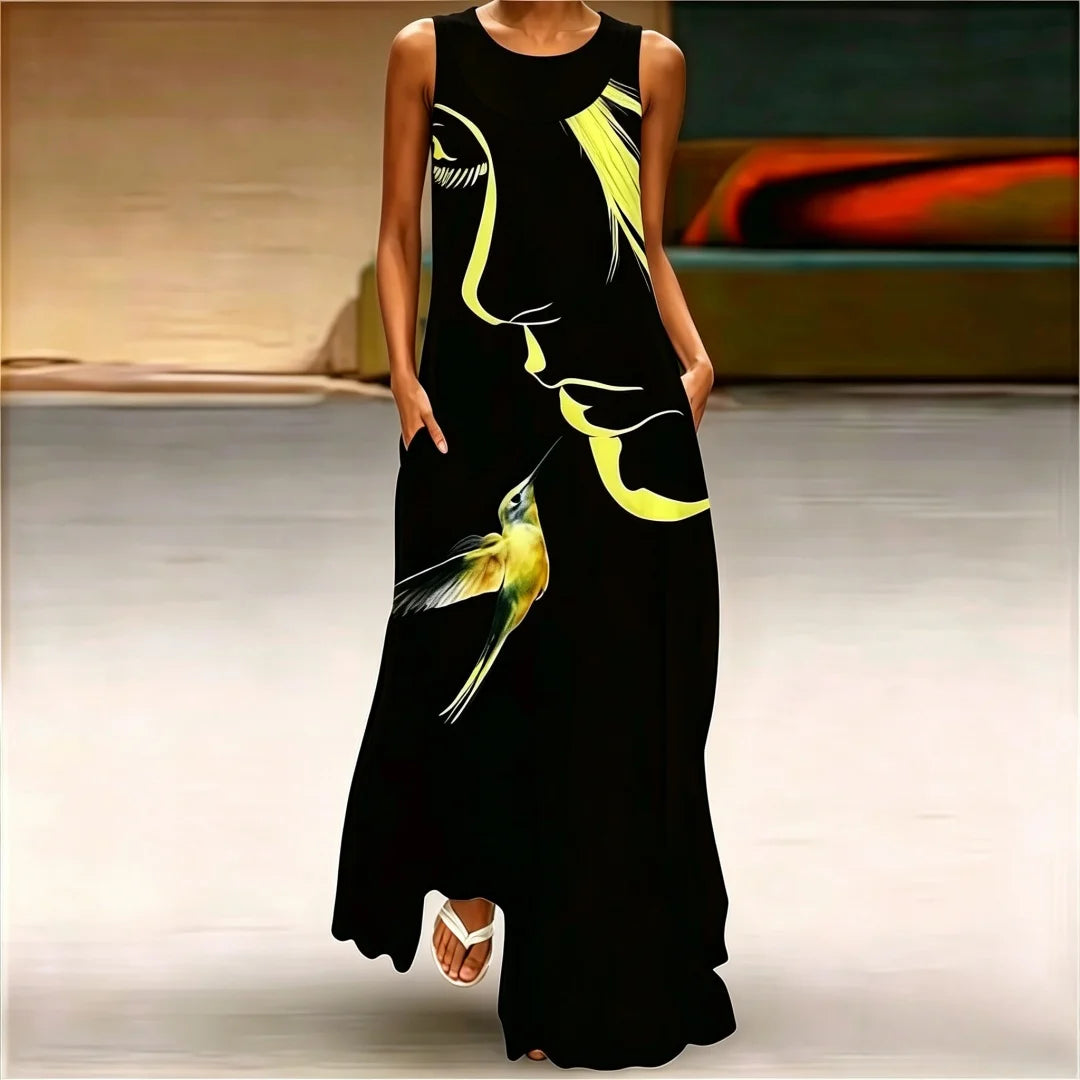 2026 Abstract Mask Printing Long Dress For Womens Sexy Sleeveless Tank Long Dress V-Neck Casual Clothing Women Robe Maxi Dress
