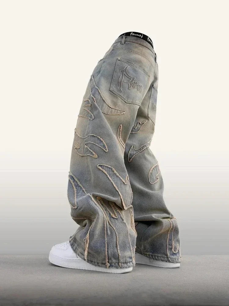 American New Fashion Patch Baggy Casual Jeans For Men And Women Y2K High Street Harajuku High Waist Wide Leg Denim Trousers