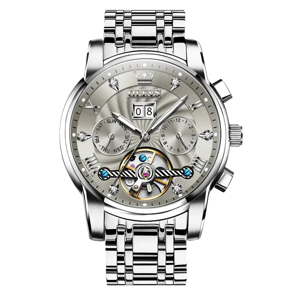 OLEVS Classic Men's Watches Tourbillon Multi-function Full Automatic Men Watch High end Male Wristwatches Mechanical Watch 9910 with gray dial and stainless steel band.