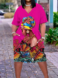 Plus Size Butterfly Print Dress Casual Short Sleeve V Neck Dress With Pockets Women's Plus Size Clothing